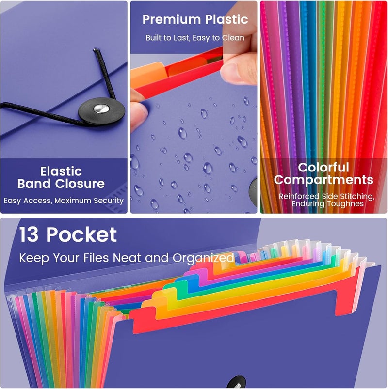RIEJIN 13 Pocket Accordion File Organizer with Elastic Closure, Expanding File Folder for Letter Size A4 Papers, Ideal for Home, Office Supplies, College Essentials - BluePurple - Image 3